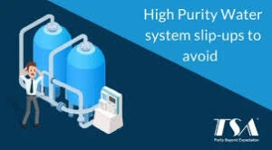 Worried man near blue water tanks, showing pitfalls to avoid in high purity water systems.