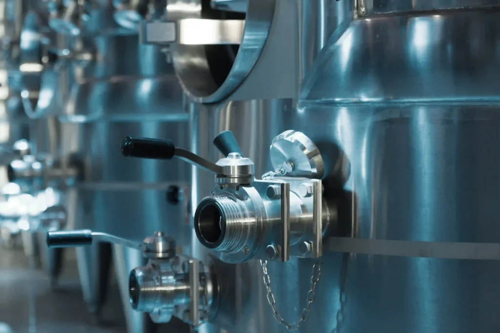 A row of stainless steel tanks equipped with valves, showcasing industrial storage and processing equipment.